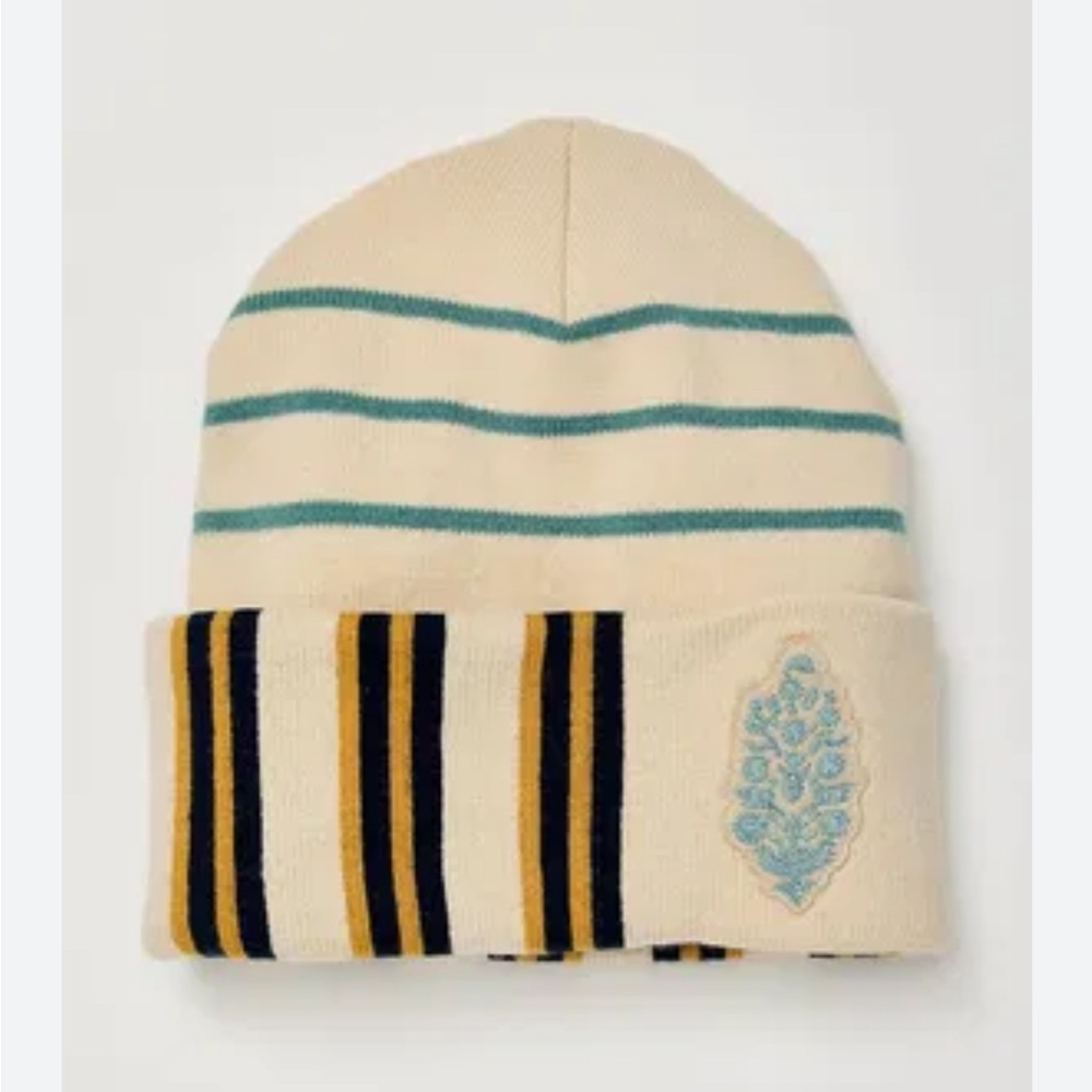 FP Movement by Free People Cream Beanie with Teal, Navy & Mustard Stripes